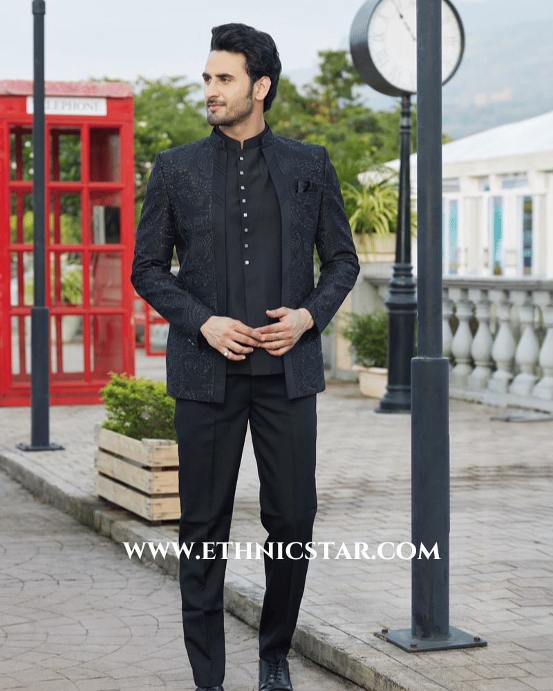 Black Wedding Wear Jodhpuri Suit in Art Silk